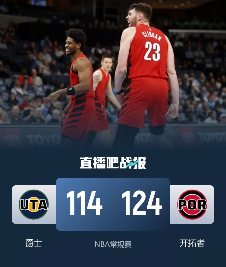 开拓者三人得分20+主场击退爵士 克林根21分15板6帽统治禁区