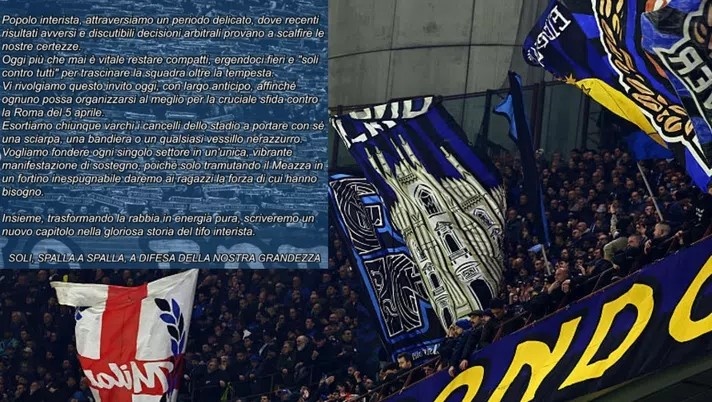 国米北看台发文动员球迷 呼吁下轮主场用围巾旗帜覆盖看台