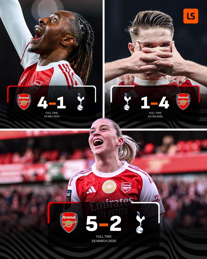 北伦敦德比双线压制 阿森纳男女足均献帽子戏法大胜