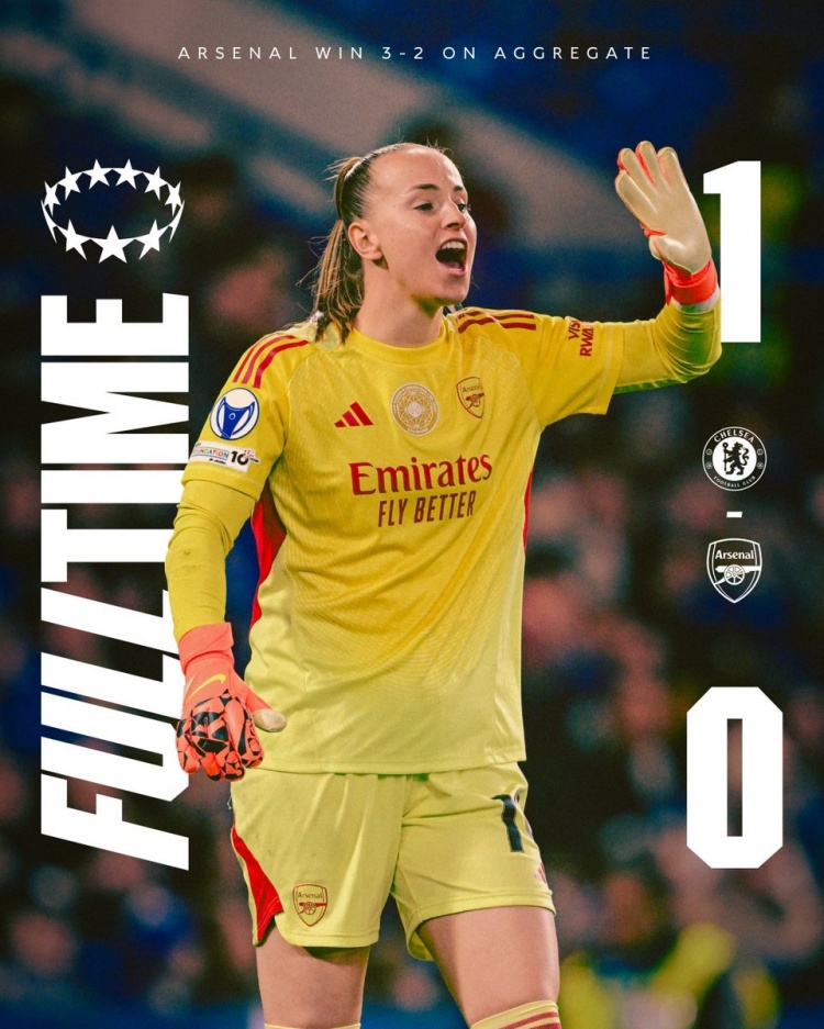 阿森纳女足两回合3-2淘汰切尔西 队史第9次闯入欧冠四强