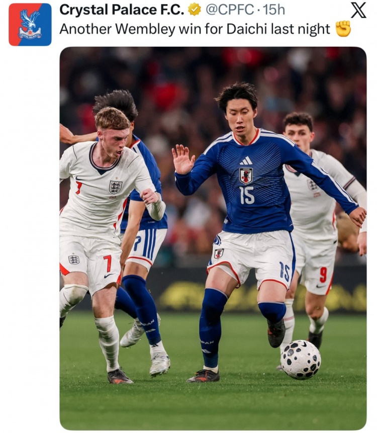 镰田大地温布利策动制胜球 水晶宫官推发文引关注