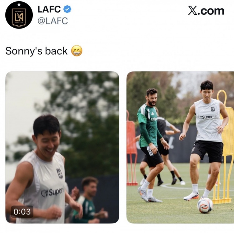孙兴慜回归洛杉矶FC合练，18日洛杉矶德比或复出