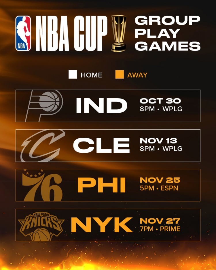 热火NBA杯小组赛赛程公布：连碰骑士尼克斯 场场硬仗