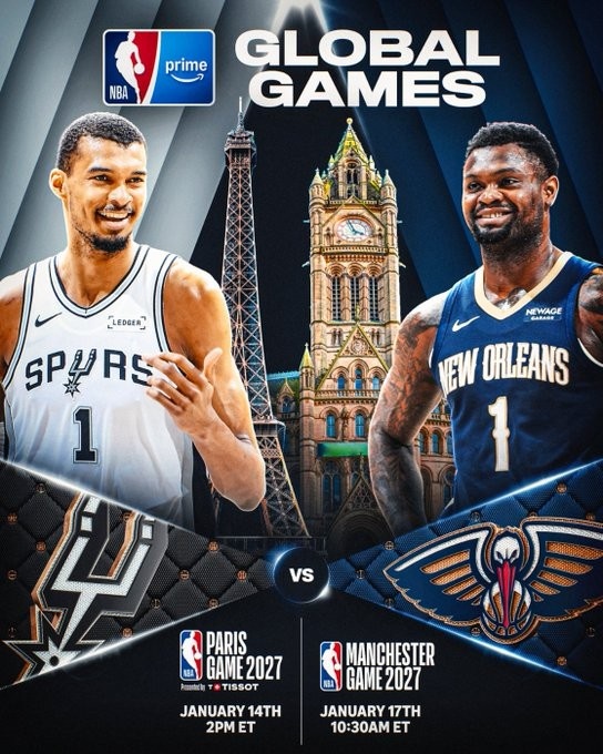 NBA官宣欧洲全球赛 马刺鹈鹕一月连战巴黎曼城