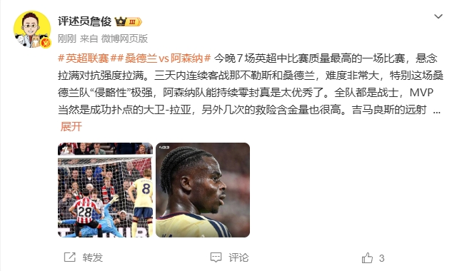 詹俊:阿森纳能持续零封太优秀了,全队都是战士,本场MVP是拉亚